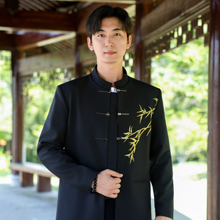高定新中式金竹刺绣国风中山装西服男套装西装结婚新郎立领礼服