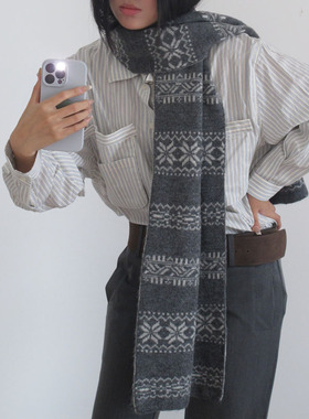 韩系经典雪花复古羊毛混纺围巾女冬季保暖百搭围脖ins造型围巾