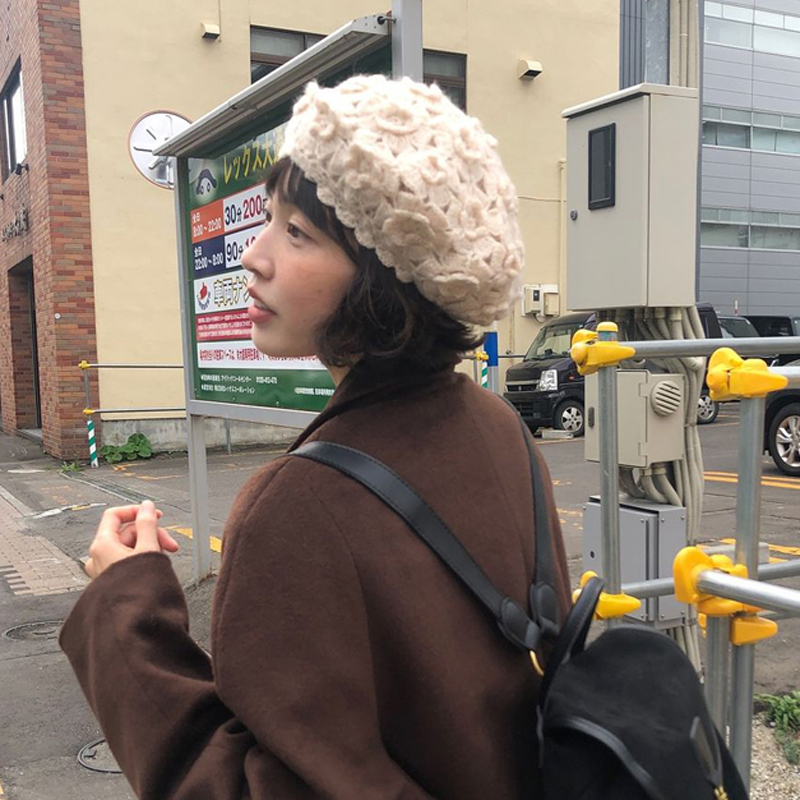 韩系可爱花朵针织包头帽女秋冬季保暖盆帽高品质轻奢保暖百搭帽子