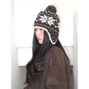 秋冬针织雷锋帽加厚防寒费尔岛风潮流滑雪复古保暖雪花护耳毛线帽
