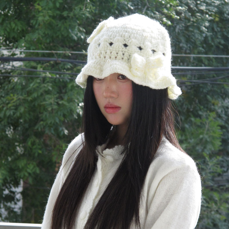 可爱蝴蝶花朵手工针织帽鱼夫女帽渔夫帽白色镂空网红百搭盆帽