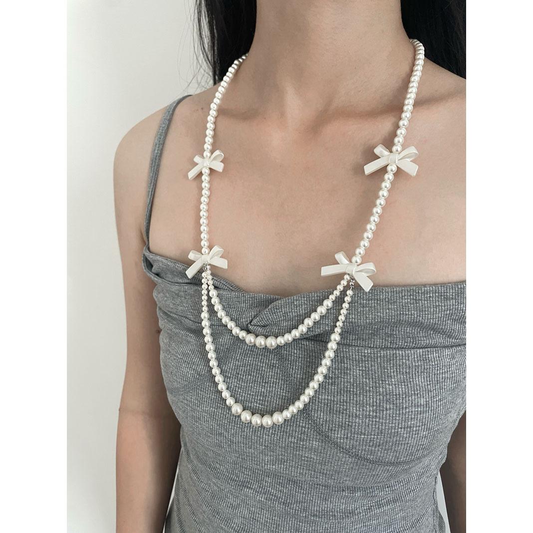 小众珍珠蝴蝶结项链优雅chocker项链辣妹多层复古小众设计锁骨链