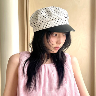 可爱与帅气并存 原创波点拼接pu皮高级春夏百搭海军帽平顶鸭舌帽