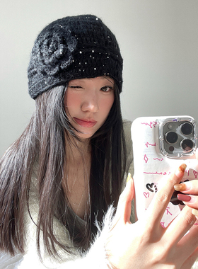 氛围感细闪花朵百搭针织包头帽女秋冬季显脸小帽子可爱ins针织帽