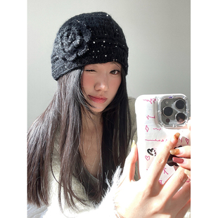 氛围感细闪花朵百搭针织包头帽女秋冬季 显脸小帽子可爱ins针织帽