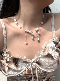 泪滴吊坠项链珍珠双层叠戴 复古项链女潮ins风简约设计小众锁骨链