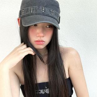 早秋新款 百搭帽子女八角帽 复古做旧牛仔平顶帽废土风休闲小众个性
