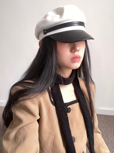 高级感春秋鸭舌帽女白色海军平顶帽子休闲复古贝雷帽画家帽休闲