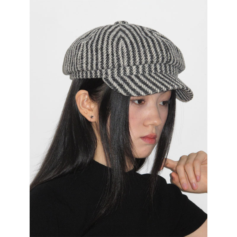 春秋季质感复古条纹贝雷帽女休闲百搭大头围画家帽显脸小八角帽子