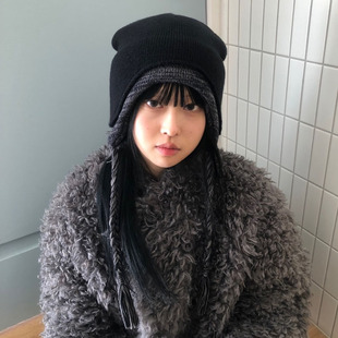 韩系百搭保暖针织护耳帽复古休闲宽松经典 显脸小 雷锋帽子拼接个性