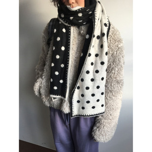 韩系ins波点含羊毛针织围巾冬季 复古保暖双面戴围脖护颈百搭围巾