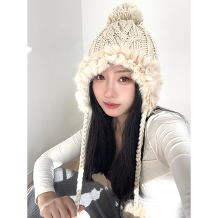 冬季 可爱兔毛雷锋帽子复古毛球针织帽加厚保暖毛线帽子潮护耳旅游