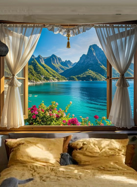 窗外山水风景背景布治愈挂布