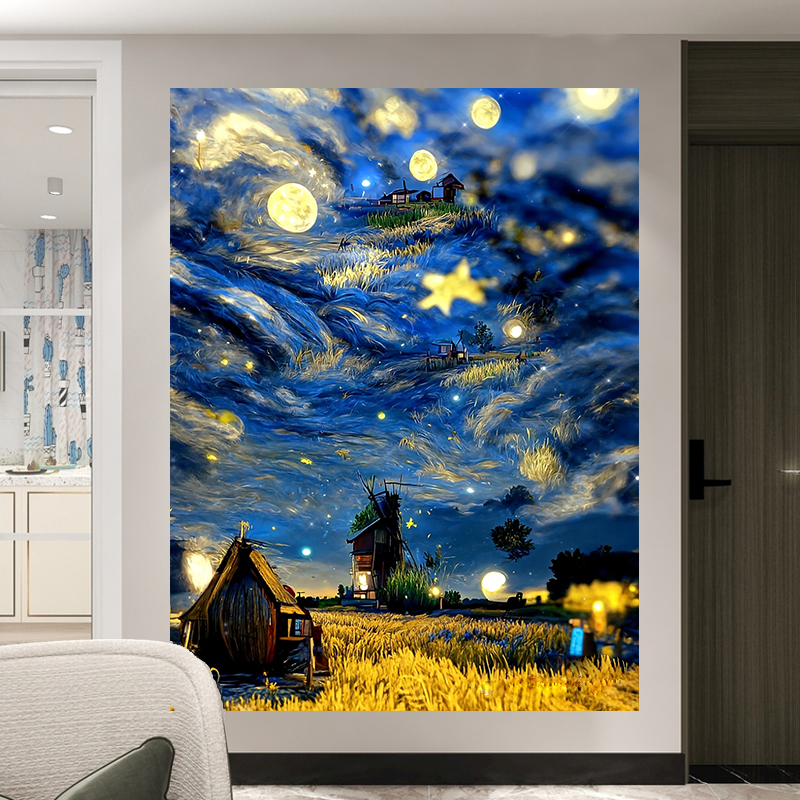 梵高插画竖版风景挂布ins背景布