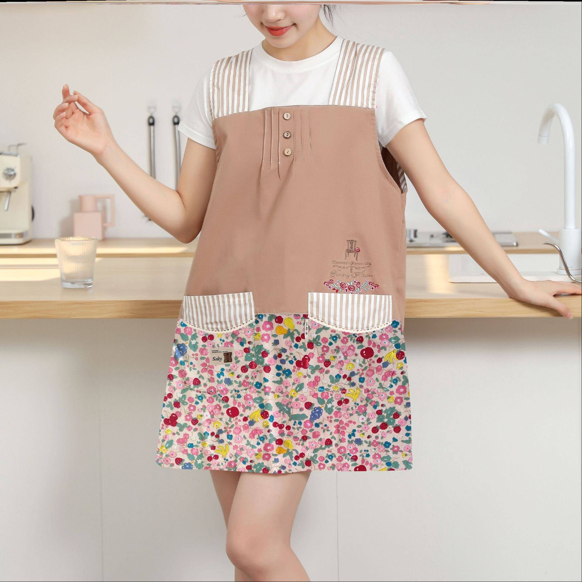 围裙妈妈自用款家居碎花围裙轻薄围裙网红长款无袖2023厨房做饭女
