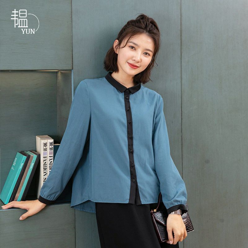 韫YUN2023秋季新款女装拼色领长袖衬衫韩版休闲宽松显瘦棉绸上衣