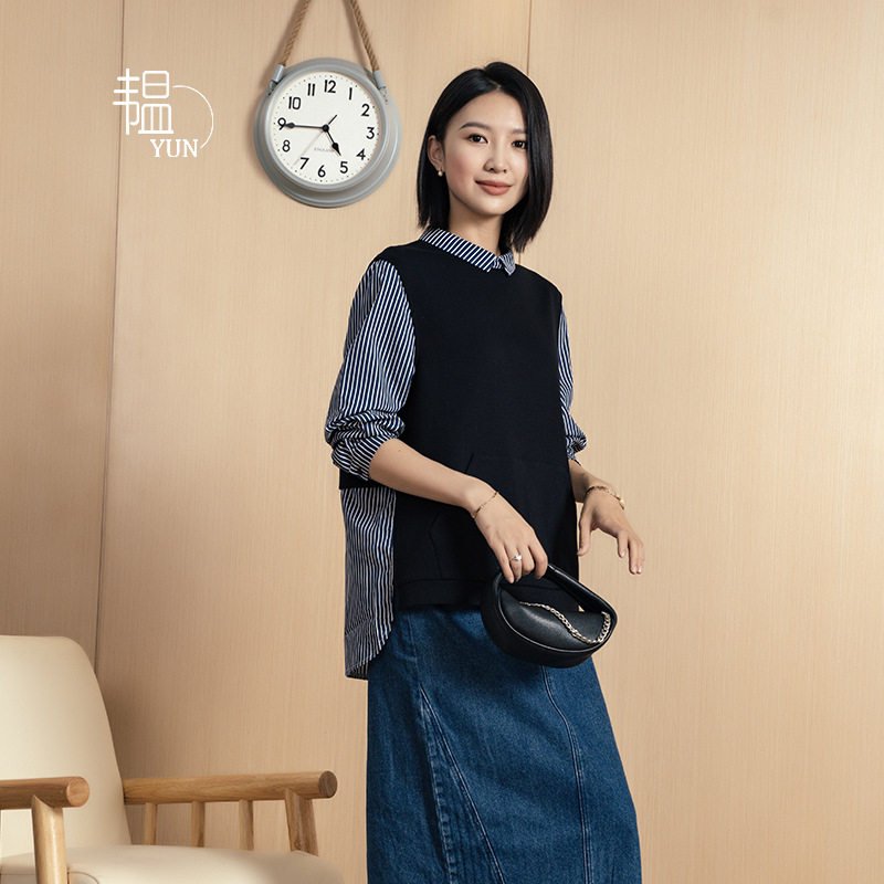 YUN韫拼接衬衫假两件秋季条纹女款长袖新款宽松文艺上衣大码女装