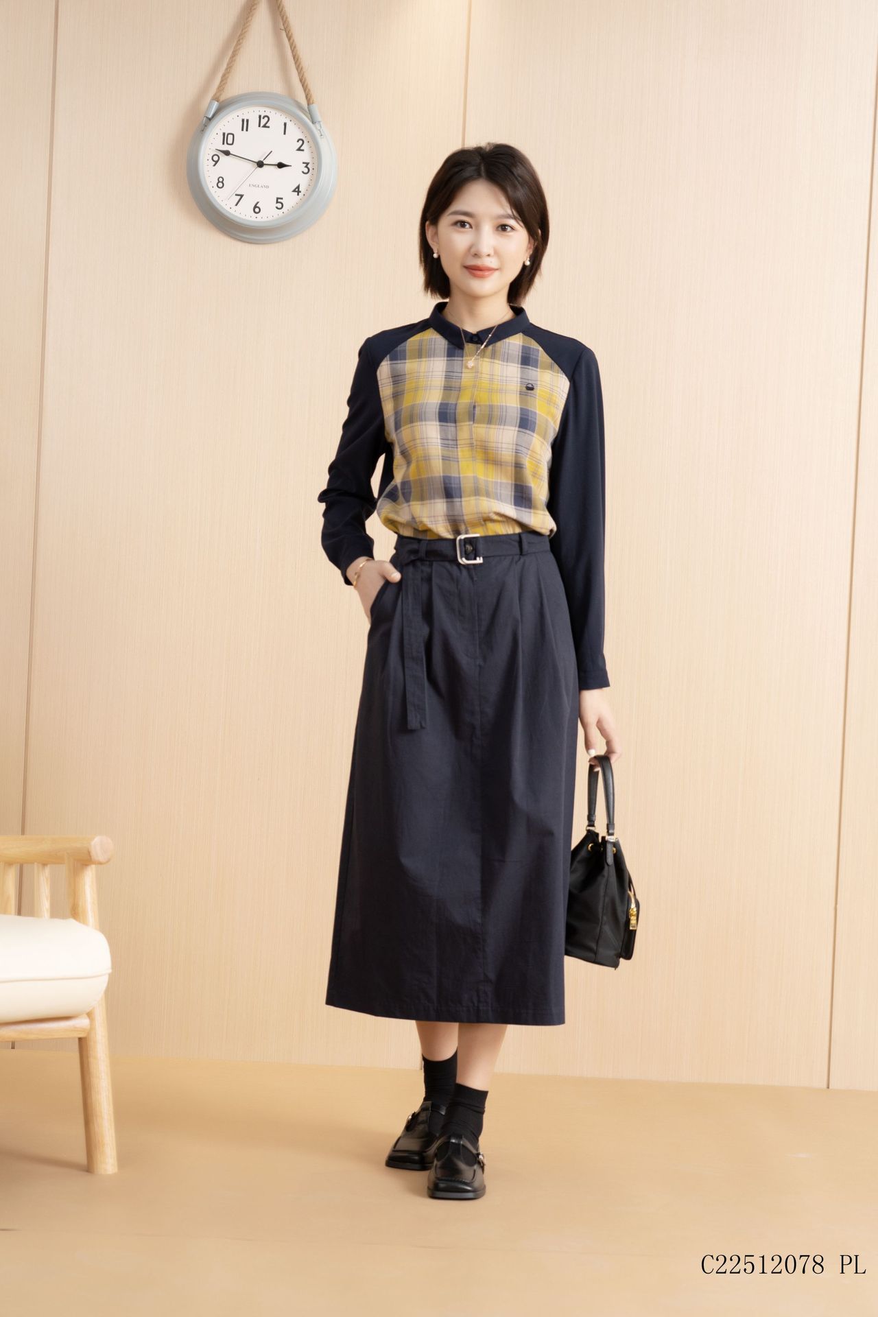 YUN韫2023秋季新款女装格子衬衫休闲女生衬衣暗门襟拼色针织长袖