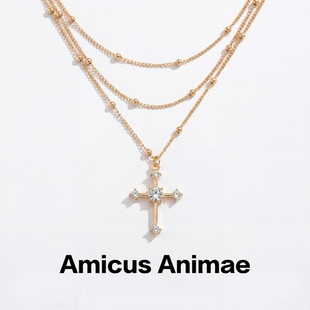 Amicus Animae欧美双层镶钻复古金色十字架项链女轻奢白底锁骨链