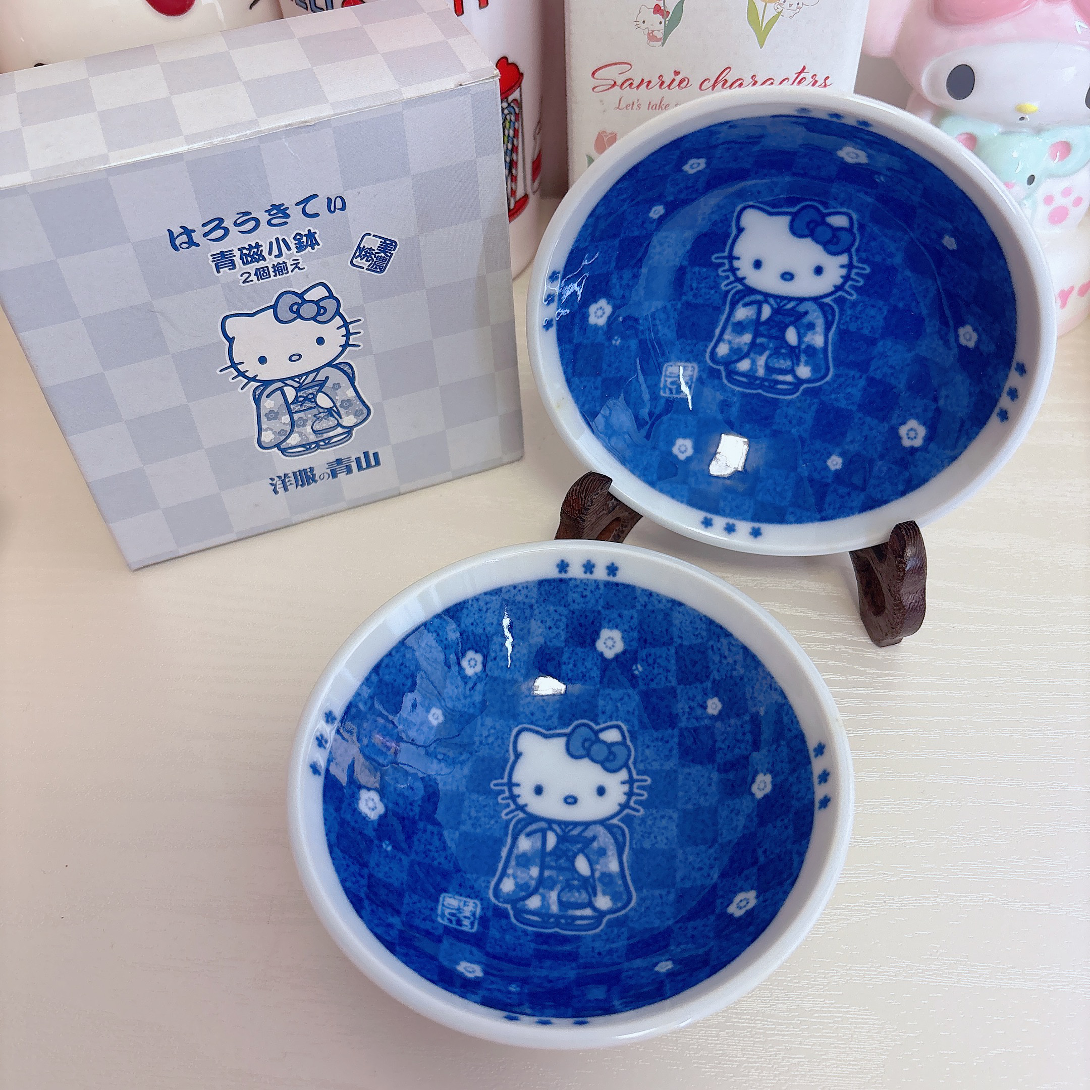 日本中古hello Kitty青花小钵 凯蒂猫小碗2003 可爱
