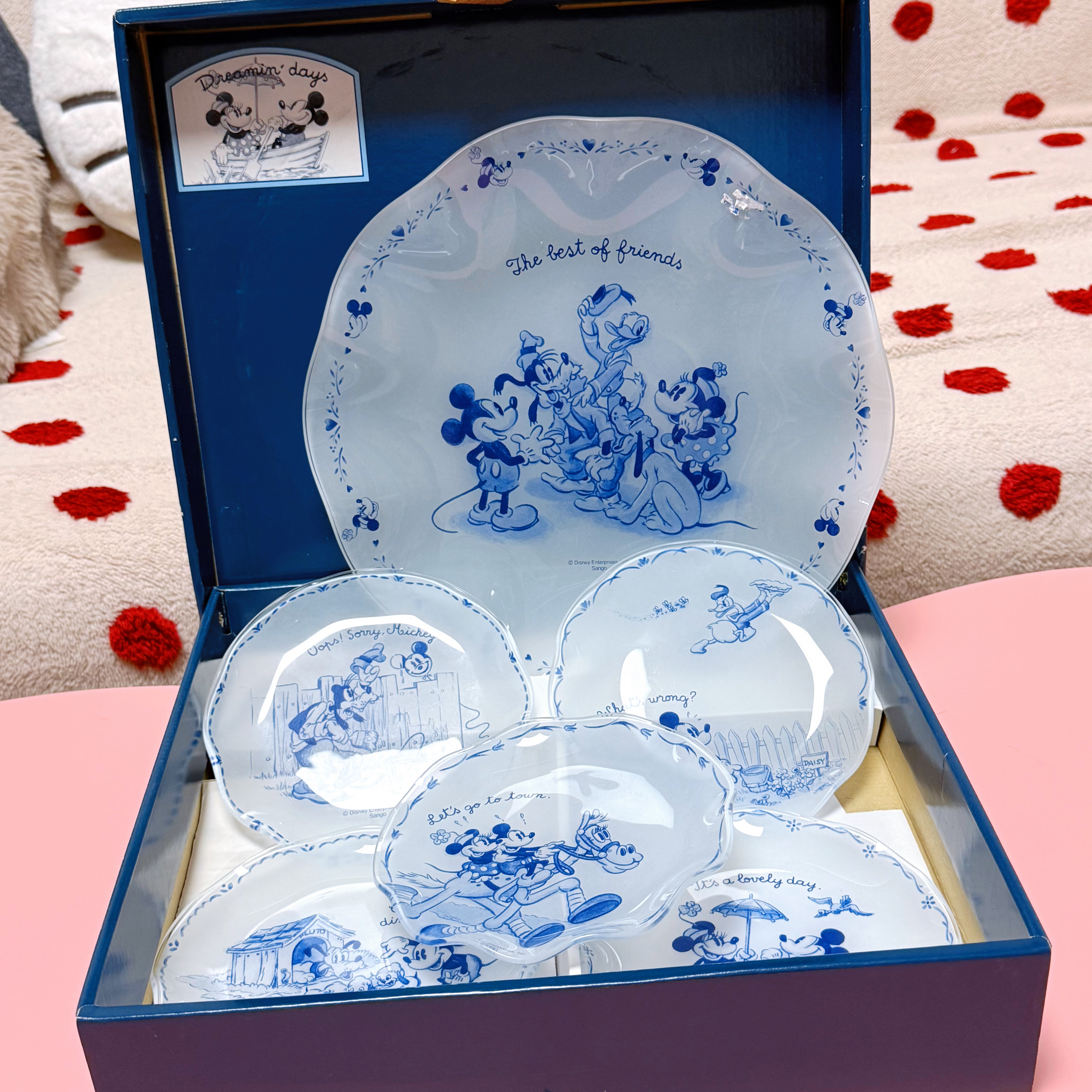 vintage日本sango青花磨砂玻璃 迪士尼米妮米奇餐盘水果盘 大赏盘