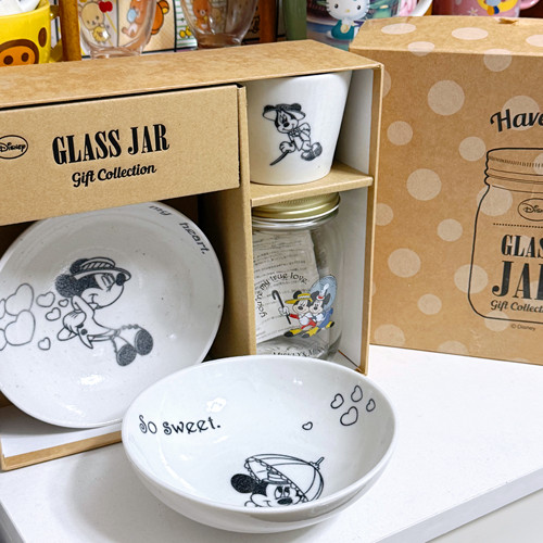 日本制 中古迪士尼 芝麻釉米奇米妮陶瓷钵 小手握杯 玻璃收纳罐
