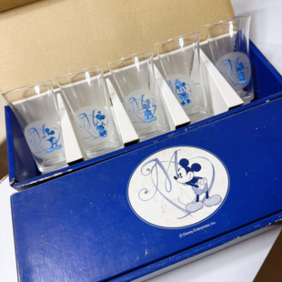 vintage 青花款迪士尼 玻璃杯 米奇米妮喇叭口杯 冷饮杯 不退不换