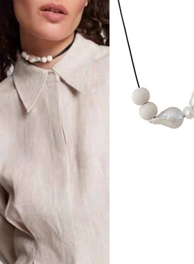 小众气质简约不规则巴洛克淡水珍珠木珠皮绳项链设计感秋冬