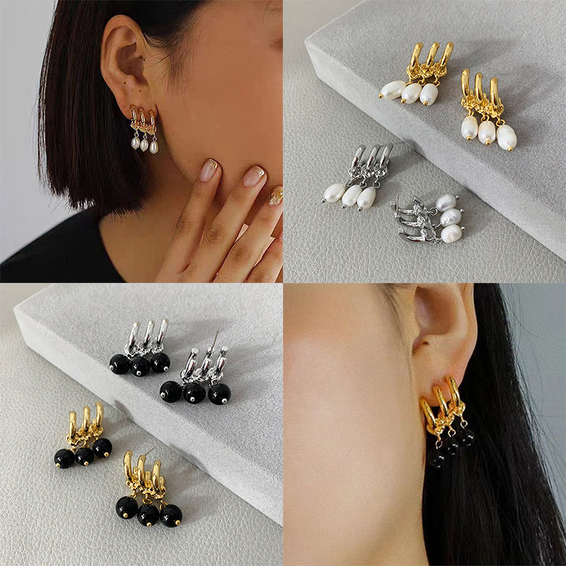 天然淡水珍珠多层耳钉女铜真金电镀925银针小众设计ins风耳环耳饰