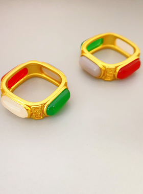 欧美新款时尚轻奢铜镀18K真金个性镶嵌玛瑙潮流小众百搭戒指指环