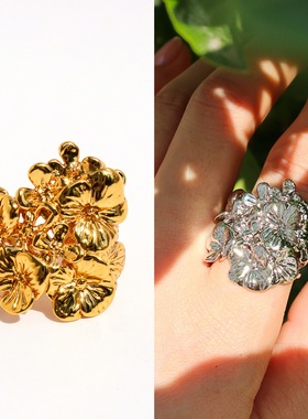 轻奢小众设计师繁花开口宽版戒指