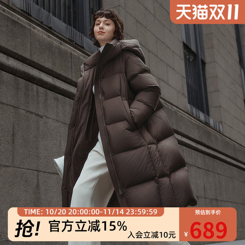坦博尔冬季羽绒服女款宽松过膝长款加厚保暖连帽舒适时尚百搭外套