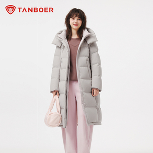 坦博尔运动长款羽绒服女款冬季黑色小个子连帽慵懒风宽松鸭绒外套