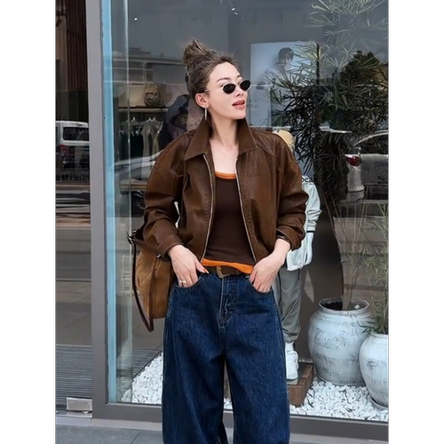 MISSKO可可欢姐秋季新款复古百搭防风皮衣女洗水翻领机车夹克外套