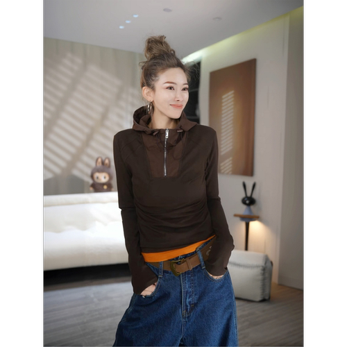 MISSKO可可欢姐 秋冬复古拼接连帽高弹正肩套头内搭打底衫小卫衣