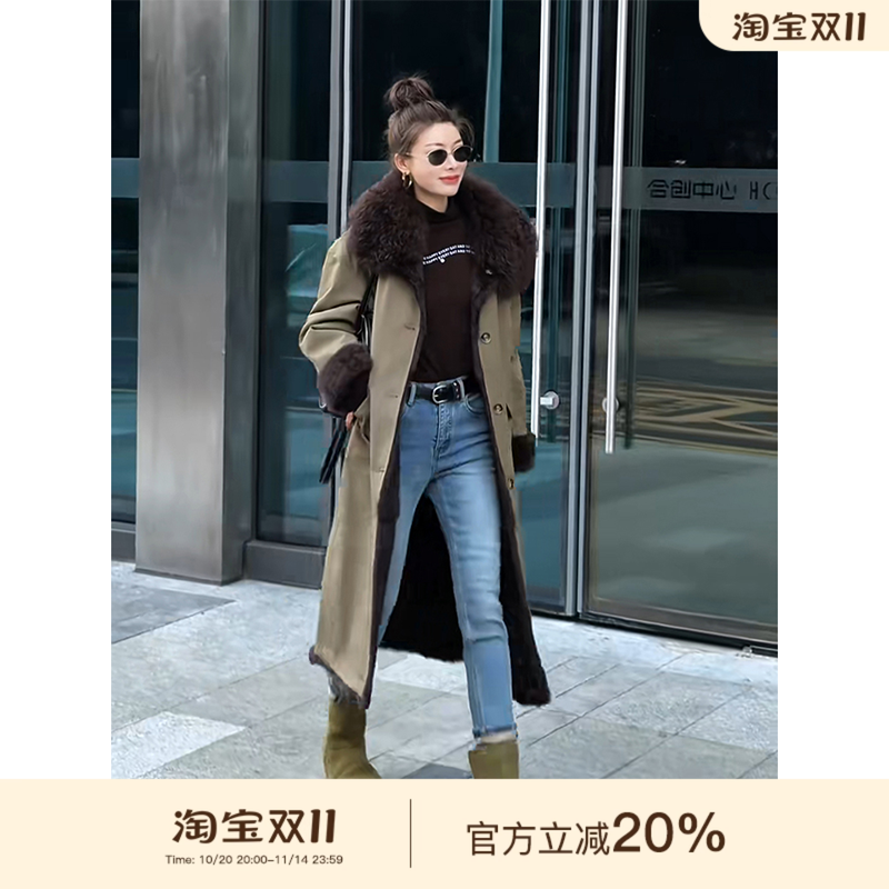 可可欢姐 秋冬羊羔毛领内里獭兔加长款保暖皮草派克服厚外套大衣