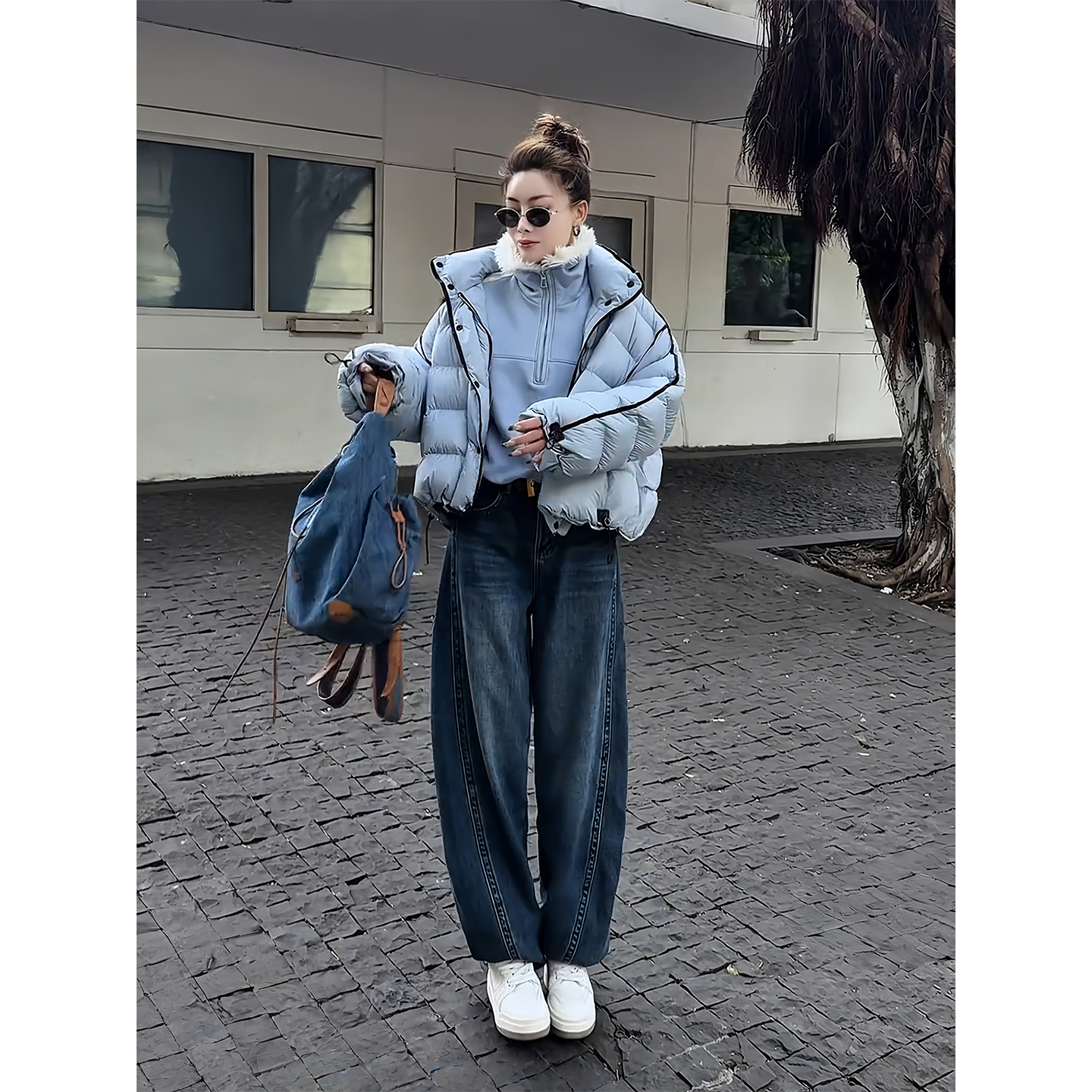 MISSKO秋冬款复古洗水立体斜裁裤腿显瘦加绒弯刀牛仔裤女士带腰带