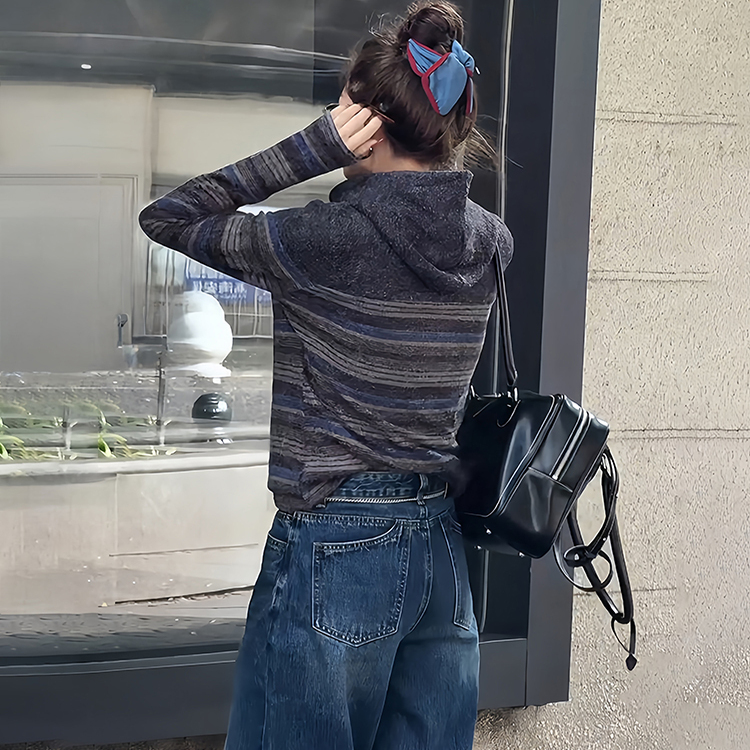 MISSKO可可欢姐秋冬加厚重工百搭洗水磨毛复古条纹显瘦连帽款卫衣