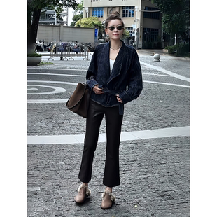 子 高腰裤 MISSKO可可欢姐复古蛋白皮立体剪裁显瘦九分喇叭皮裤 时尚