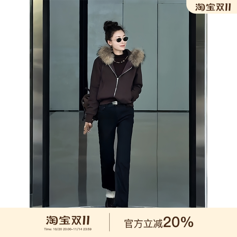 MISSKO可可欢姐秋冬新款复古重磅洗水休闲加绒貉子毛领卫衣外套