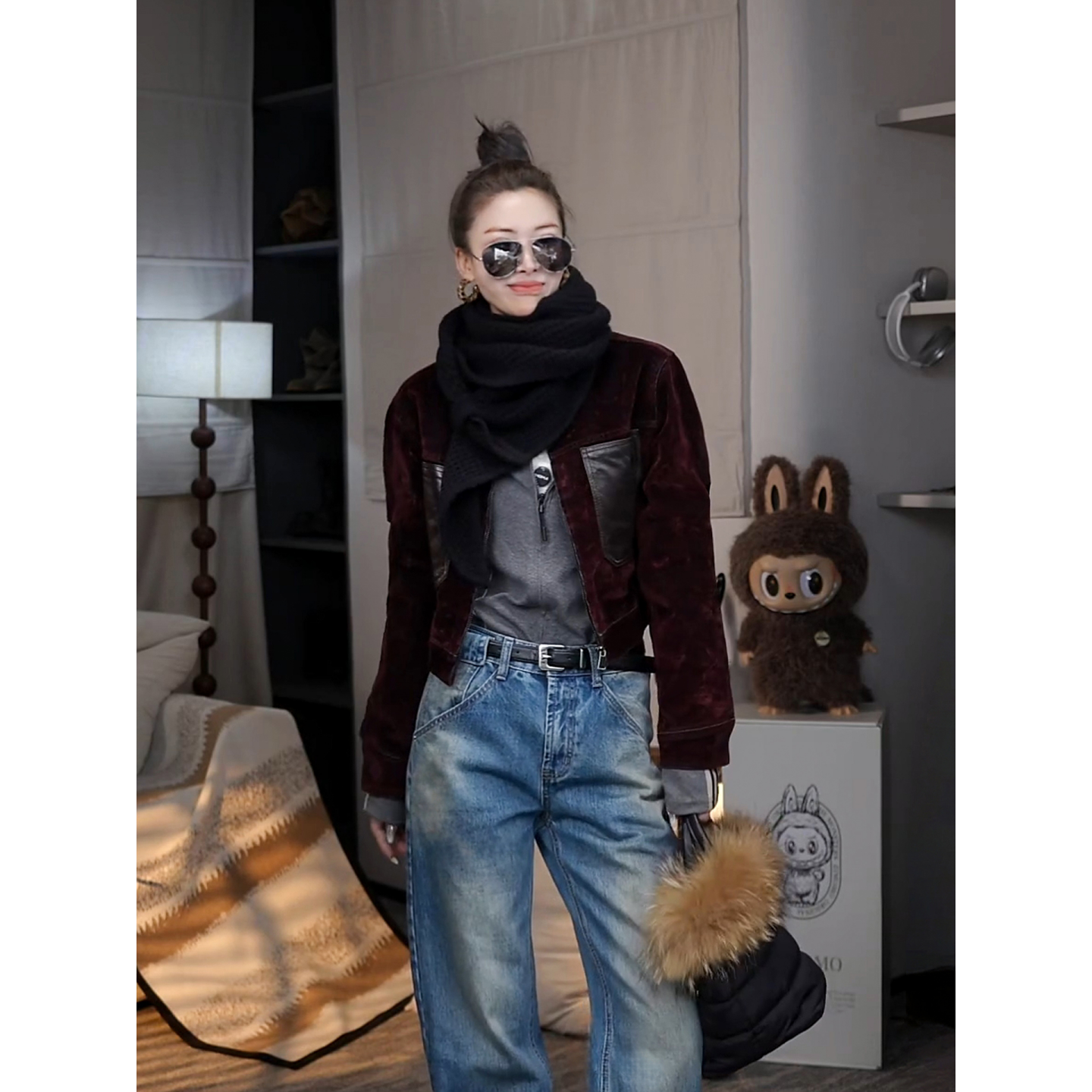 可可欢姐早春新款复古植绒牛仔拼接油腊羊皮短款夹克女士皮衣外套,女装/女士精品,短外套,淘宝优惠券,粉丝福利购,淘宝优惠卷