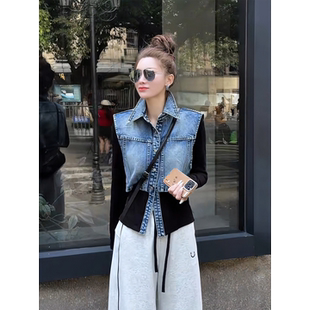 可可欢姐 外搭高级感上衣女 早春复古假两件牛仔磨毛显瘦叠穿衬衫