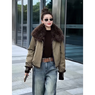 可可欢姐秋冬新款羊羔毛领可拆卸獭兔短款洋气派克服厚外套夹克女