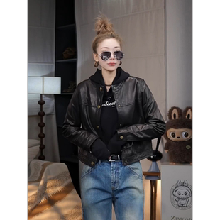 MISSKO可可欢姐早春新款油蜡羊皮复古圆领宽松皮衣夹克上衣外套女