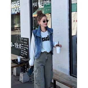 MISSKO可可欢姐春夏新款 复古风显瘦正肩牛仔马甲上衣女 百搭腰带款