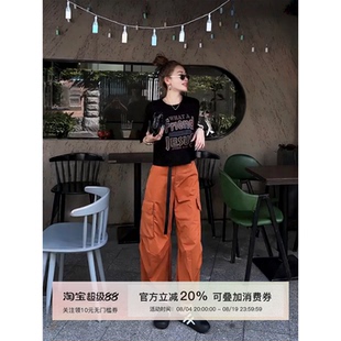 MISSKO可可欢姐拼接工装裤女夏季薄款立体口袋宽松户外八分休闲裤