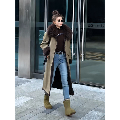 可可欢姐 秋冬羊羔毛领内里獭兔加长款保暖皮草派克服厚外套大衣
