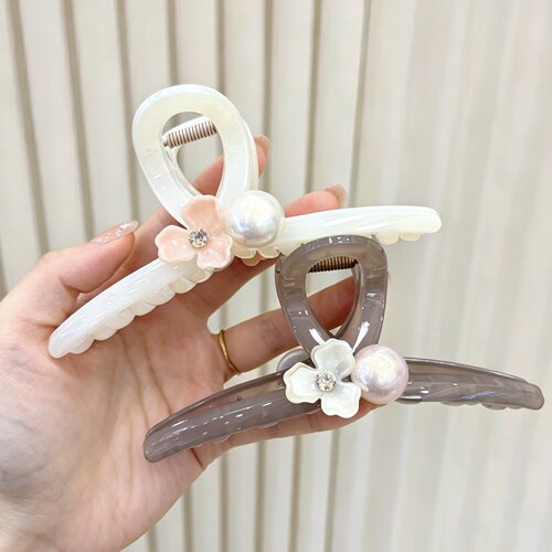 韩系珍珠花朵亮钻大号鲨鱼夹