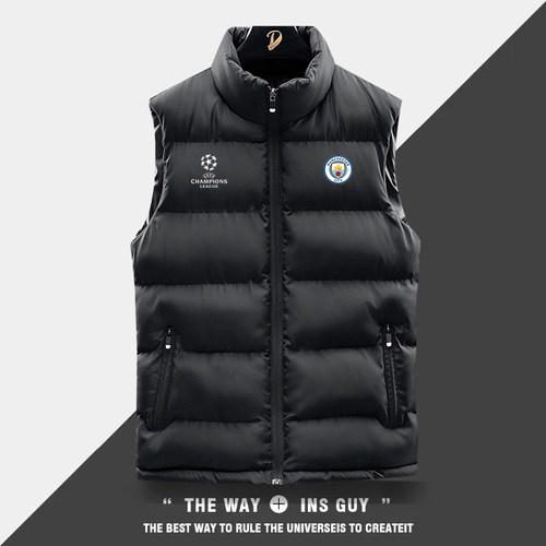 曼城足球运动马甲外套男女冬季加棉厚阿圭罗训练开衫立领坎肩背心