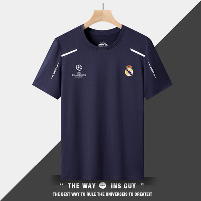 欧冠皇家马德里足球运动短袖男女夏季速干冰丝训练圆领t恤上衣服